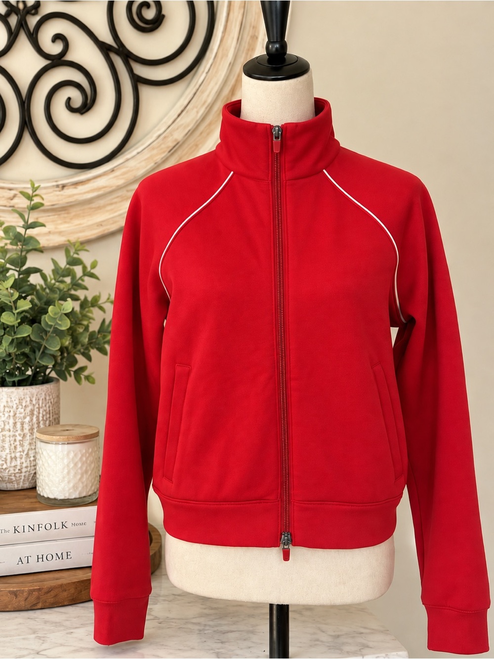 Beyond Yoga Red Track Jacket Two-Way Zip White Piping Size M